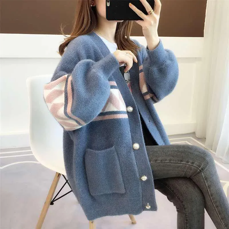Fall/winter Fashion Top Mid-length Loose Warm Sweater Long Sleeve Knitted Casual Cardigan