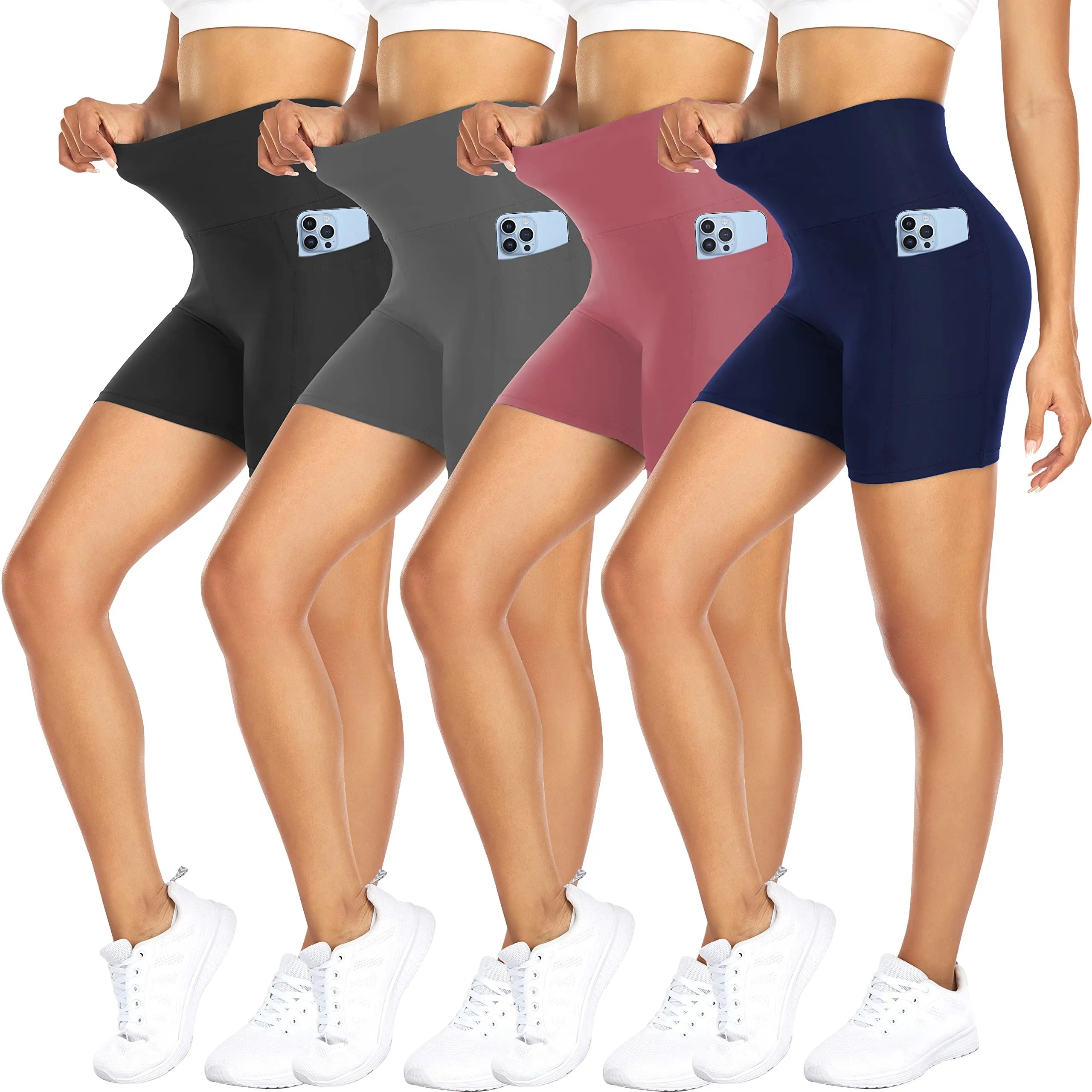 FULLSOFT 4 Pack Biker Shorts for Women – 5" High Waist Tummy Control Workout Yoga Running Compression Exercise Shorts