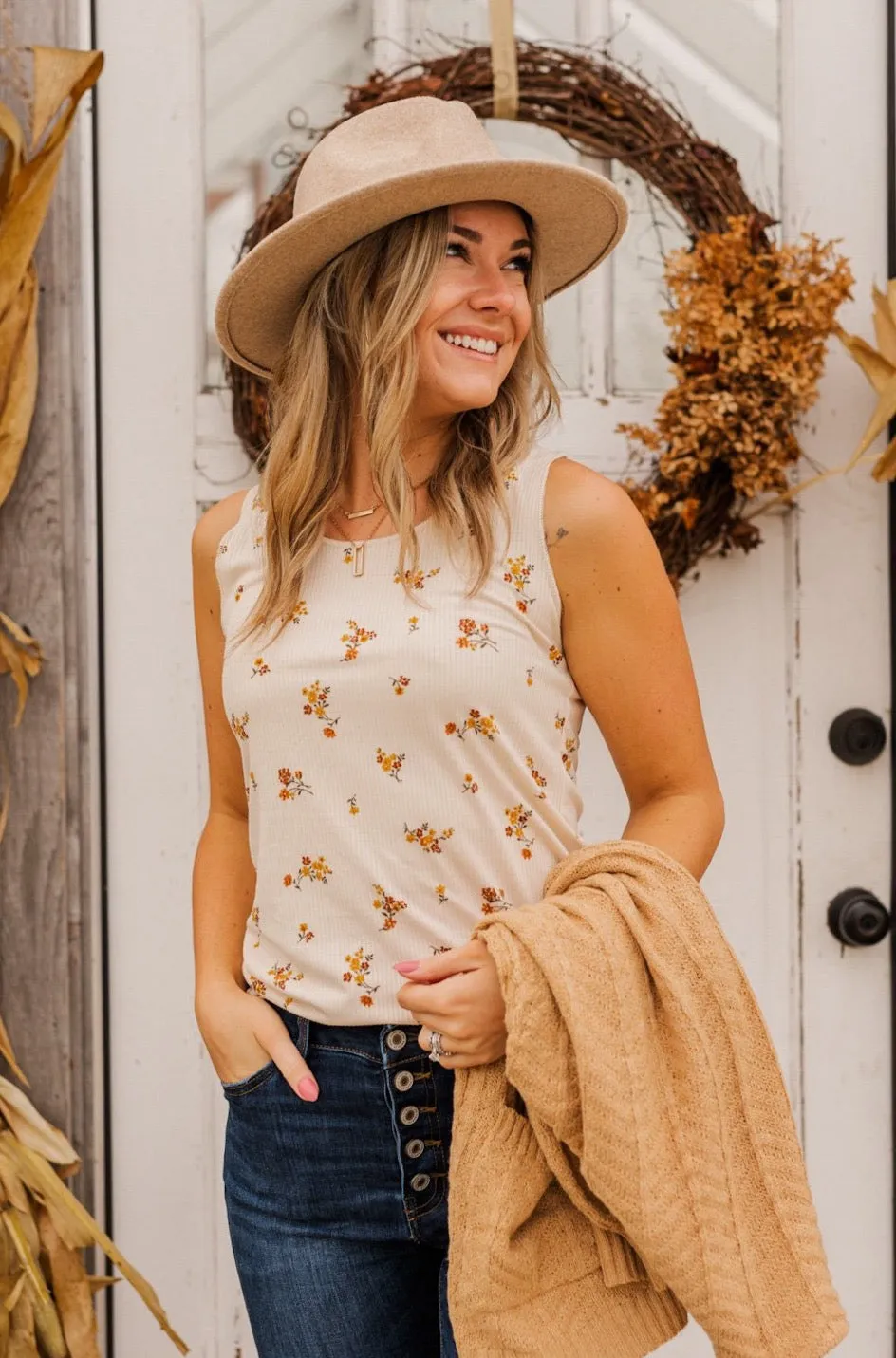 Had Me At Hello Floral Tank Top- Oatmeal
