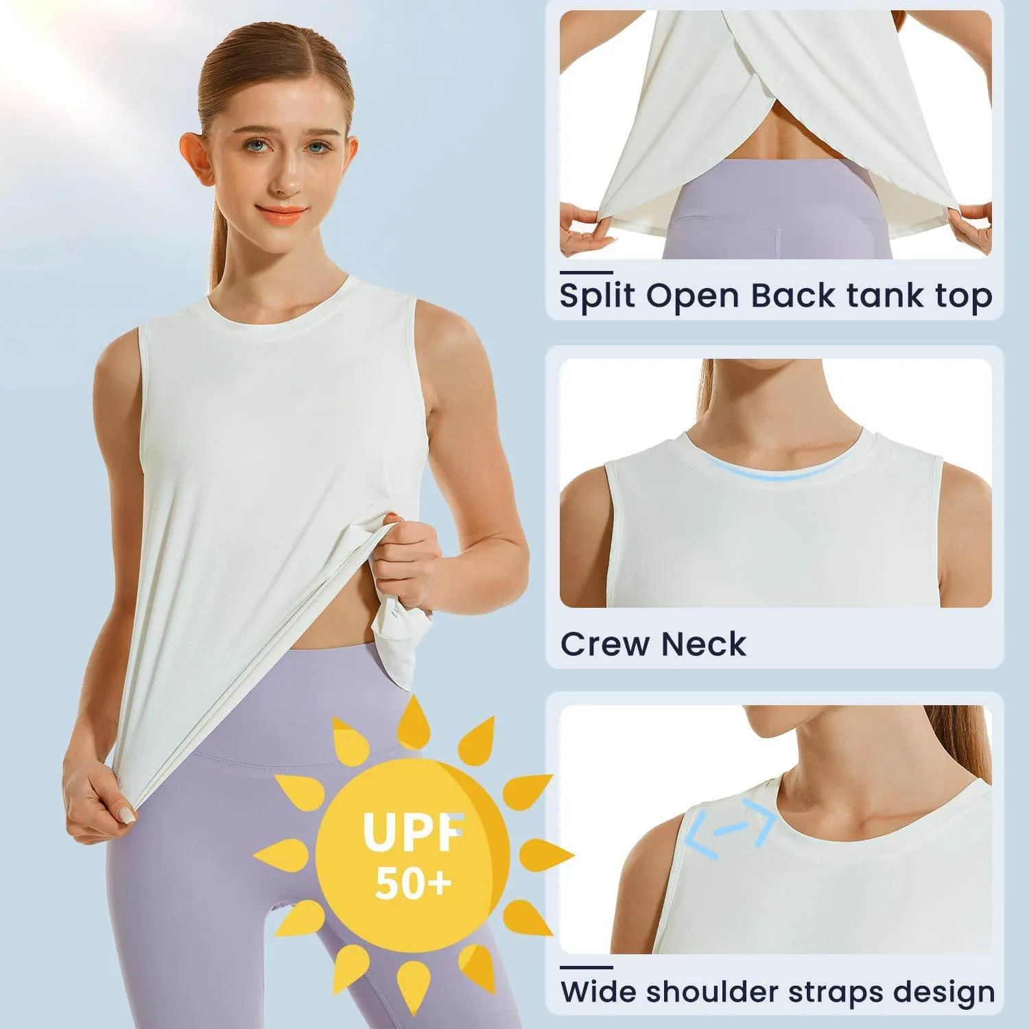 HODOSPORTS Workout Tops for Women UPF 50  Open Back Sleeveless Tank Tops Quick Dry Athletic Gym Yoga Shirts Loose Fit