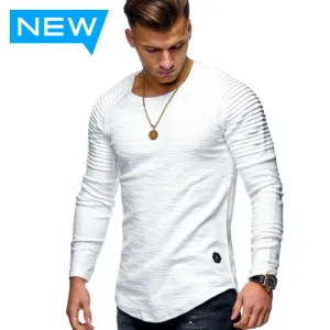 Hot 2021 Solid Color Sleeve Pleated Patch Detail Long Sleeve T-Shirt Men Spring Casual Tops Pullovers Fashion Slim Basic Tops