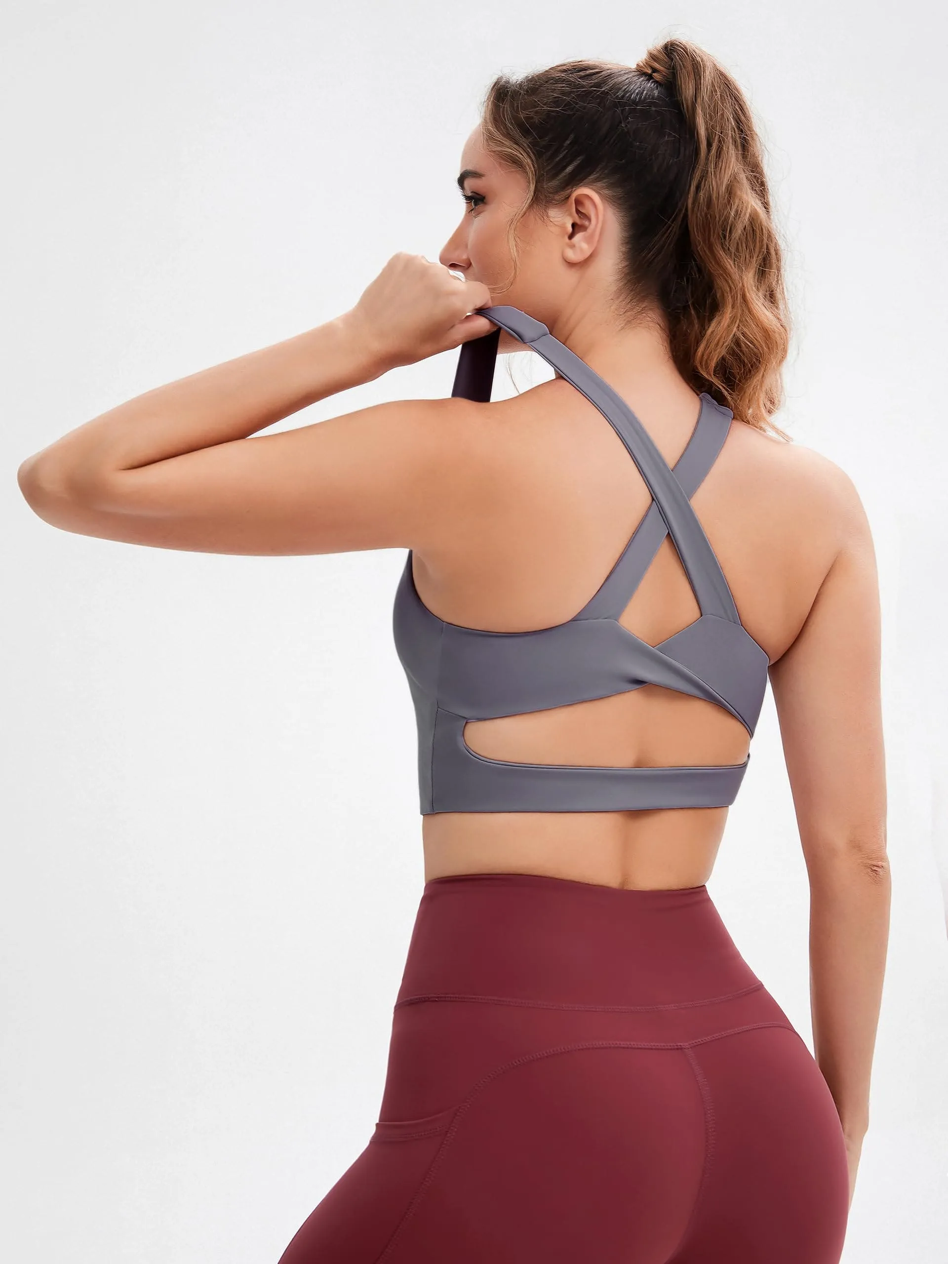 JOYSPELS Sports Bras for Women Extra Comfort Criss-Cross Back Padded Workout Tops for Women Medium Support Grey
