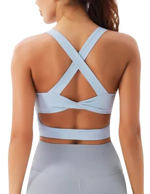 JOYSPELS Sports Bras for Women Extra Comfort Criss-Cross Back Padded Workout Tops for Women Medium Support Light Blue