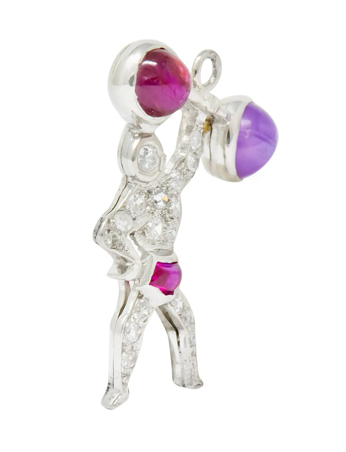 Large Art Deco Ruby Cabochon Diamond Platinum Strong Man Weightlifter Charm