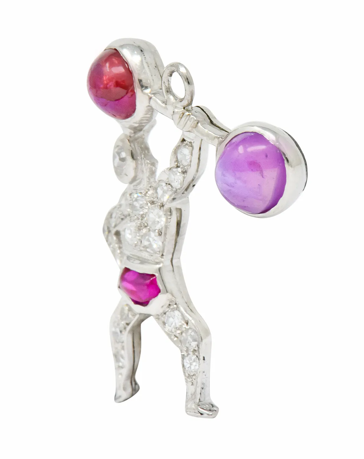 Large Art Deco Ruby Cabochon Diamond Platinum Strong Man Weightlifter Charm