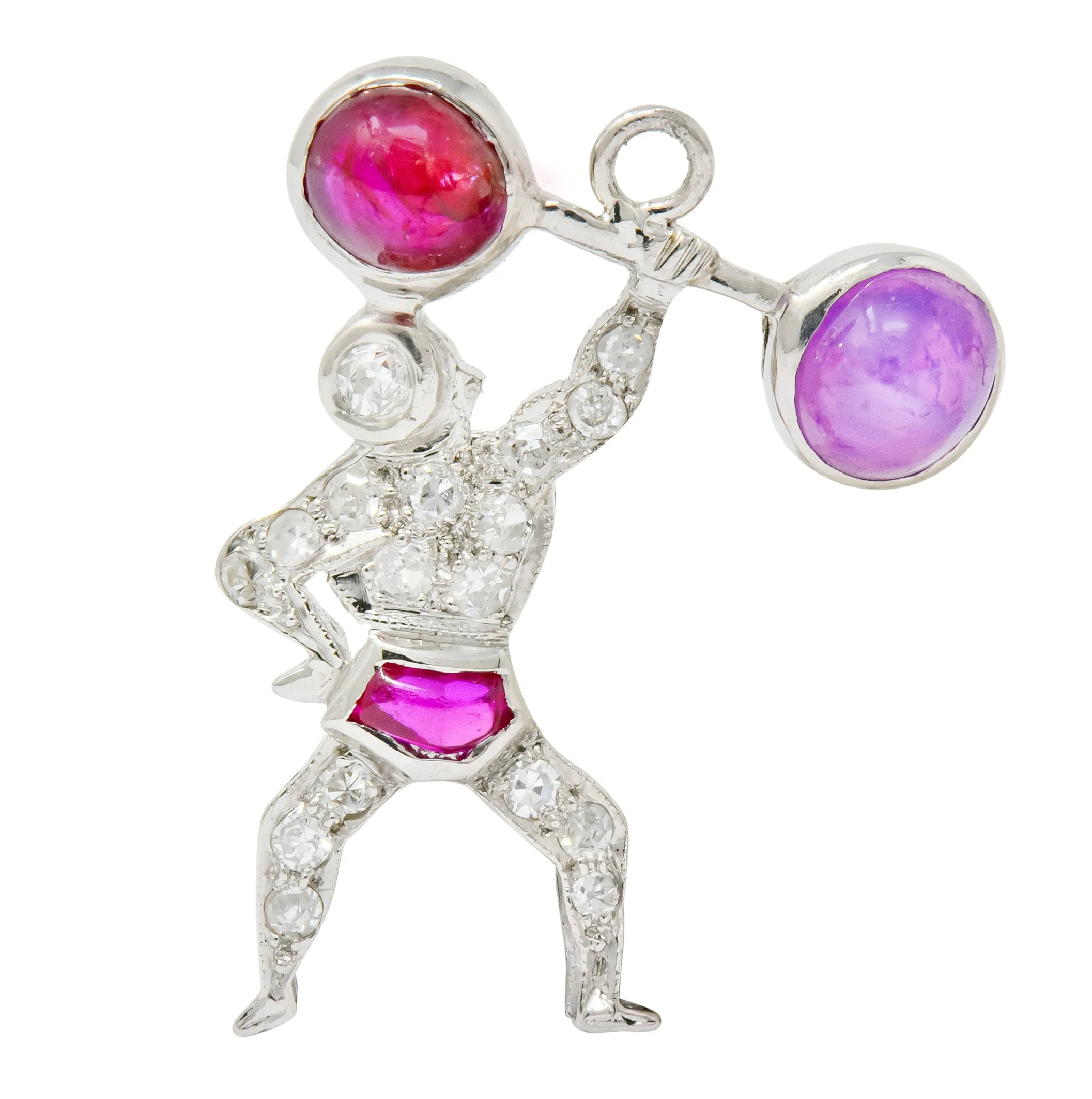 Large Art Deco Ruby Cabochon Diamond Platinum Strong Man Weightlifter Charm