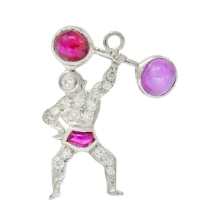 Large Art Deco Ruby Cabochon Diamond Platinum Strong Man Weightlifter Charm