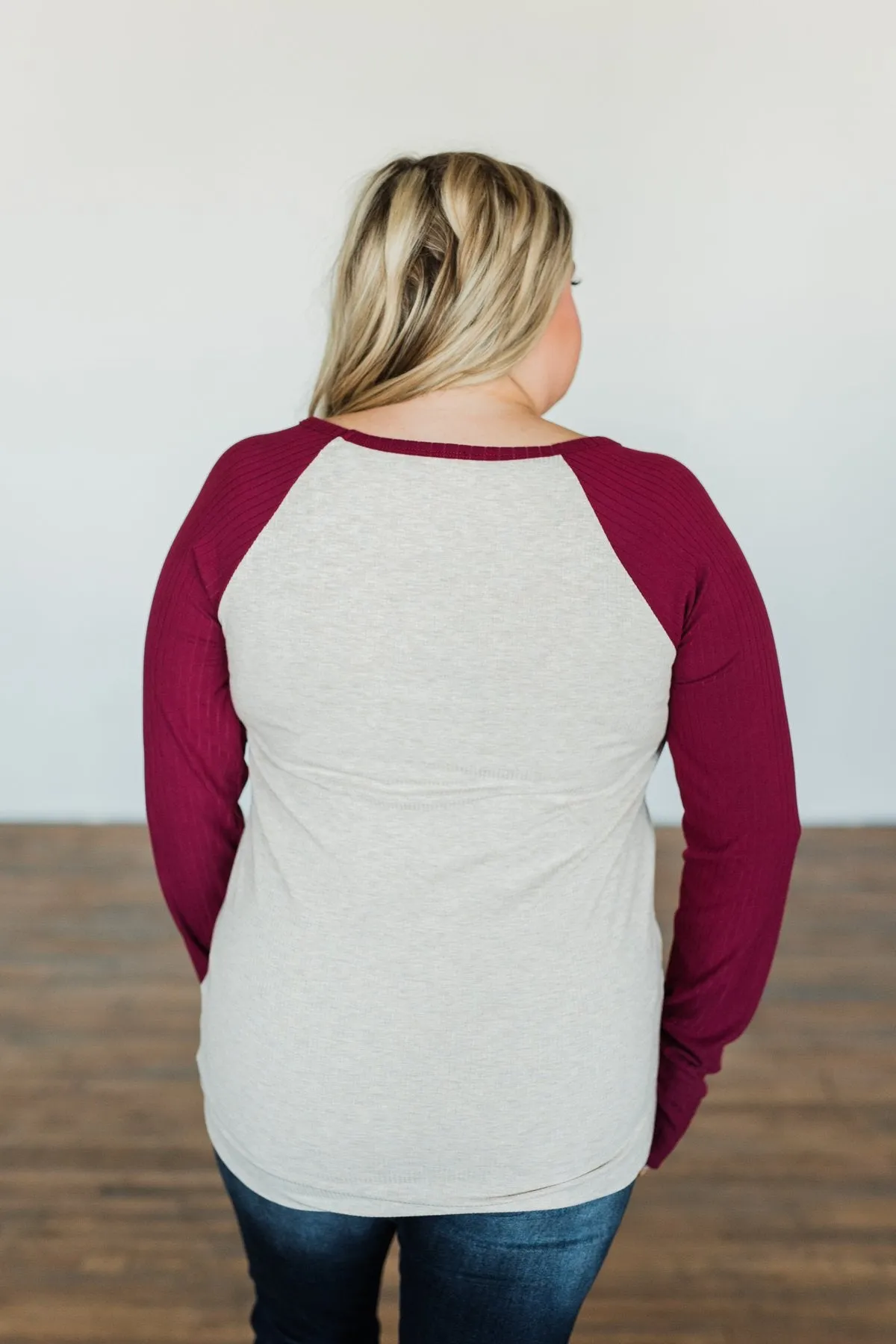 Live Your Life Long Sleeve Raglan Top- Oatmeal & Burgundy