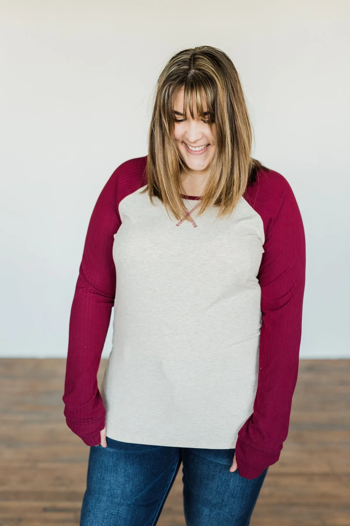 Live Your Life Long Sleeve Raglan Top- Oatmeal & Burgundy
