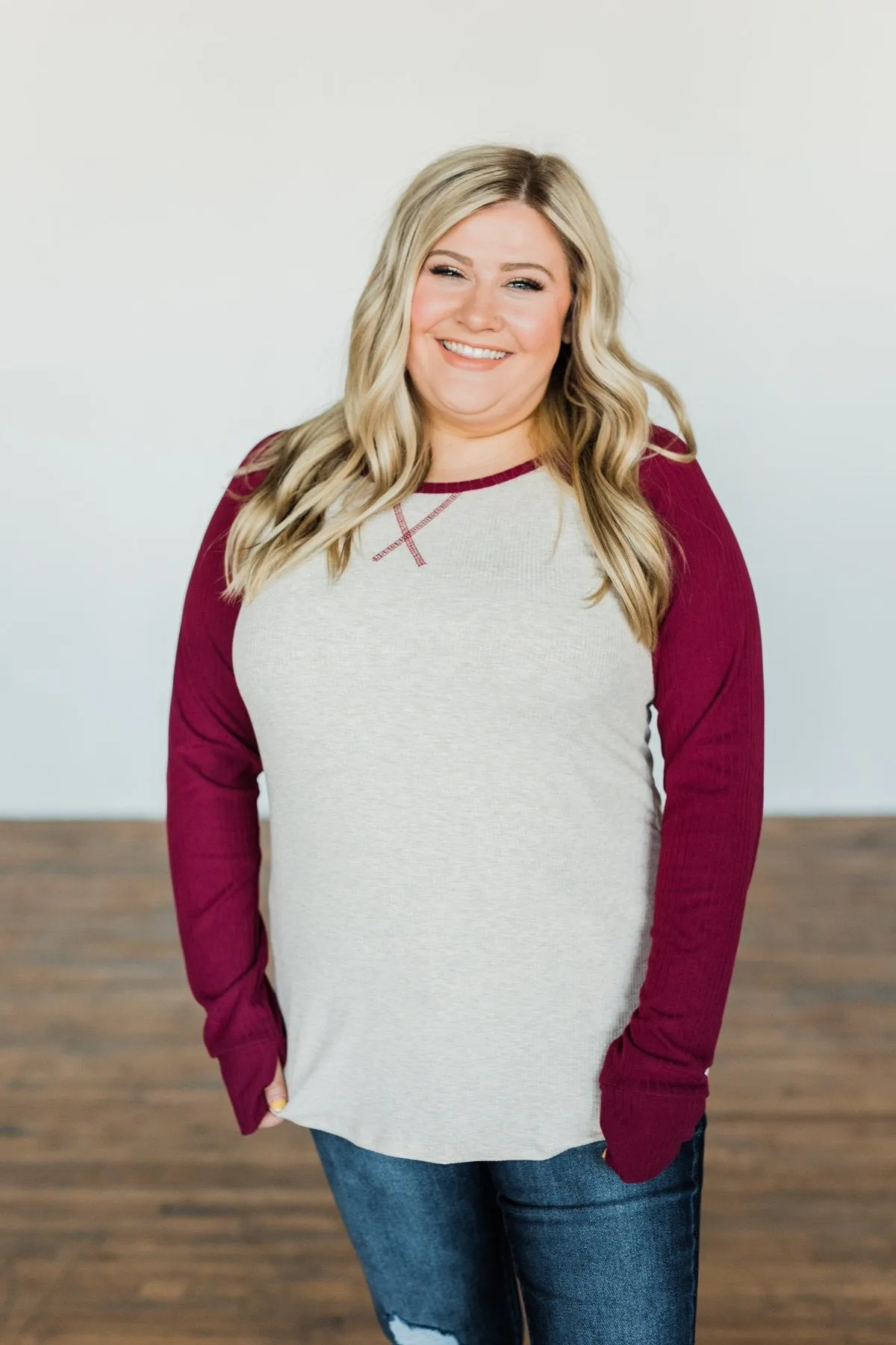 Live Your Life Long Sleeve Raglan Top- Oatmeal & Burgundy