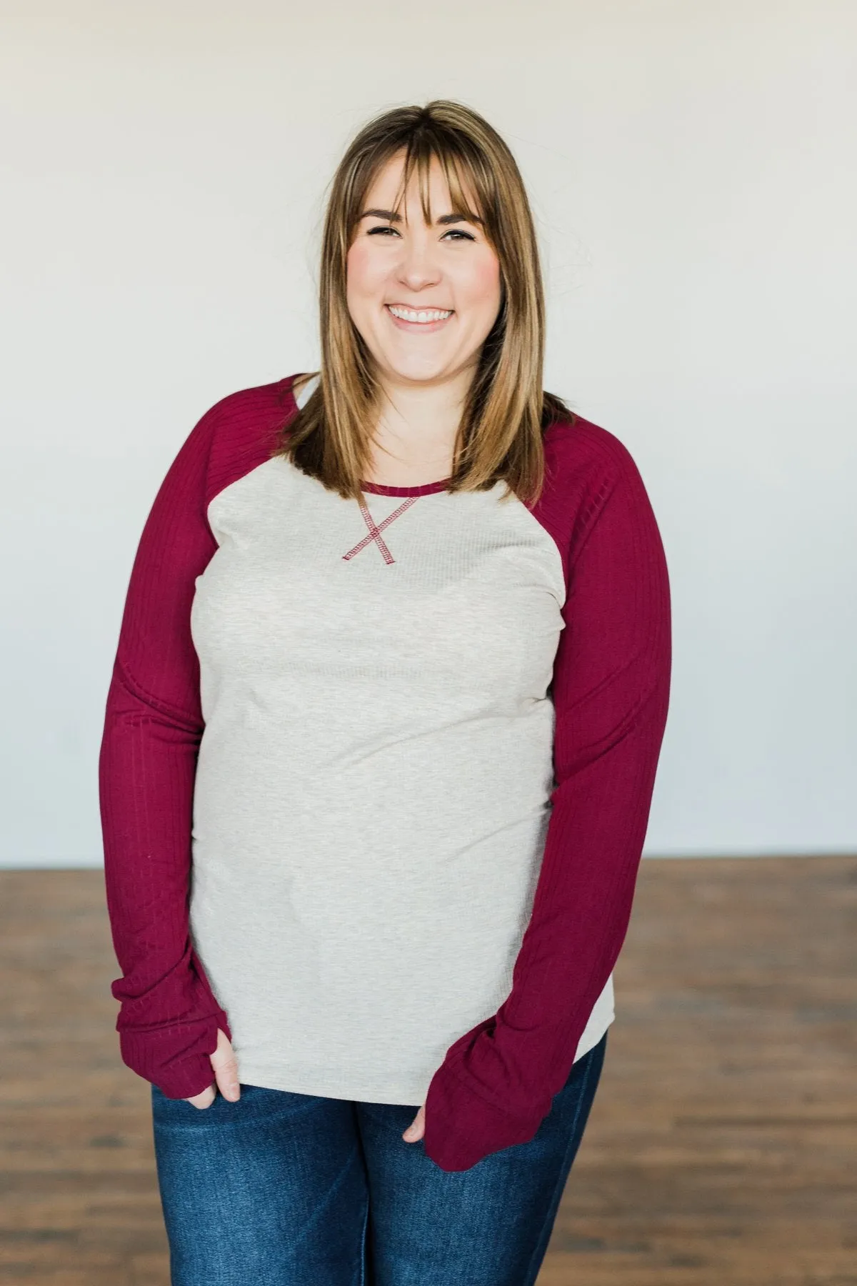 Live Your Life Long Sleeve Raglan Top- Oatmeal & Burgundy