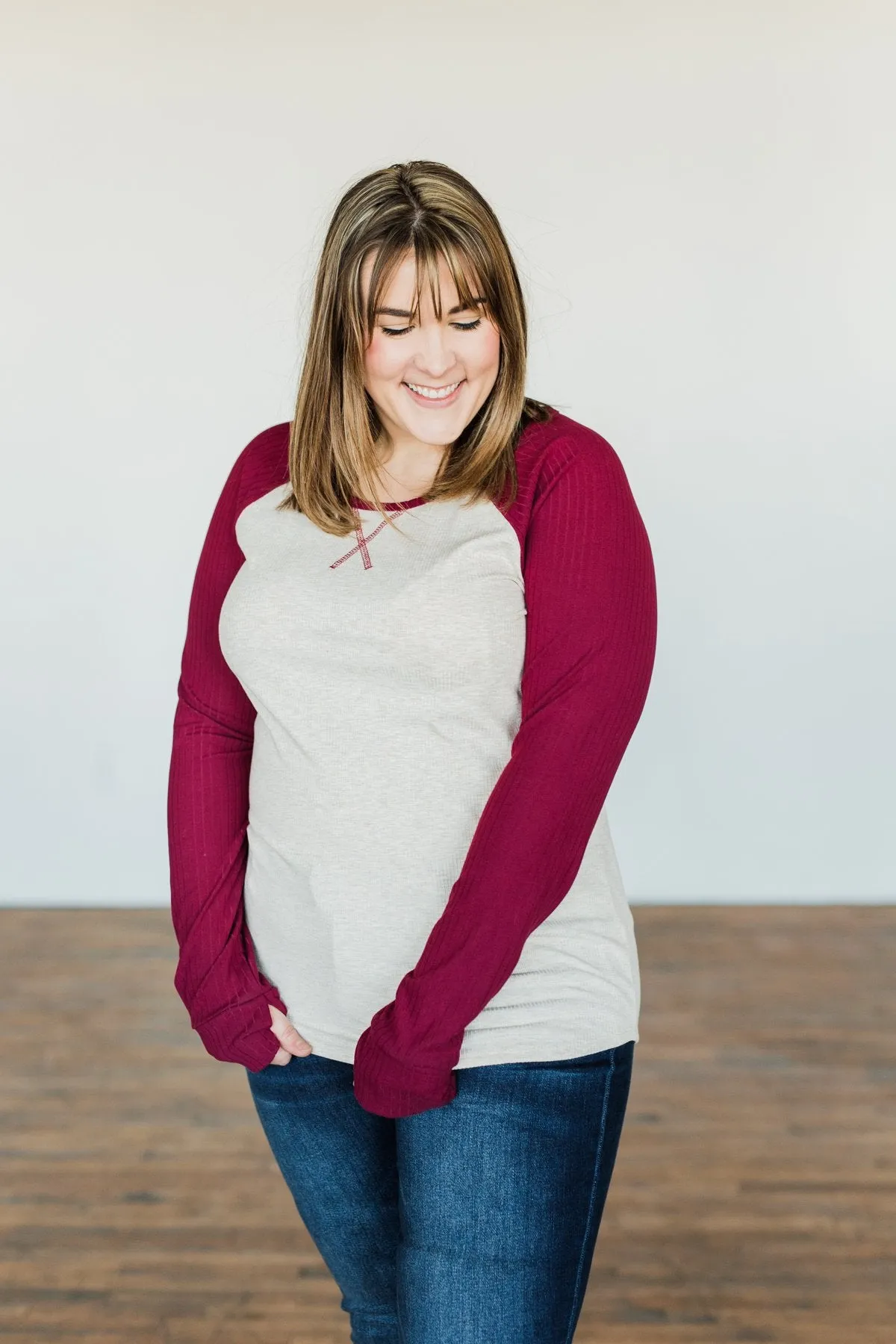 Live Your Life Long Sleeve Raglan Top- Oatmeal & Burgundy