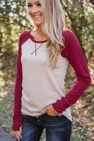 Live Your Life Long Sleeve Raglan Top- Oatmeal & Burgundy
