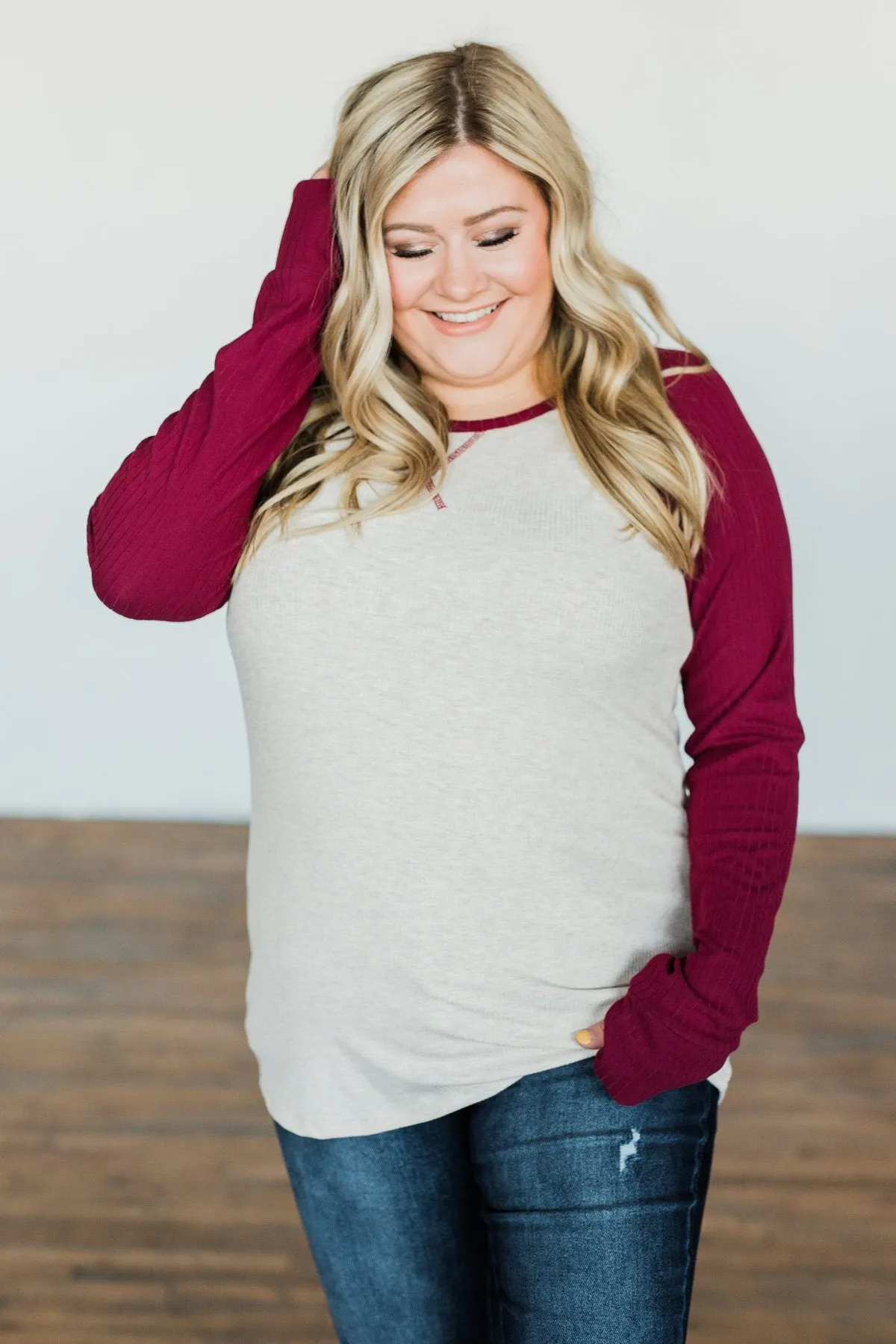 Live Your Life Long Sleeve Raglan Top- Oatmeal & Burgundy