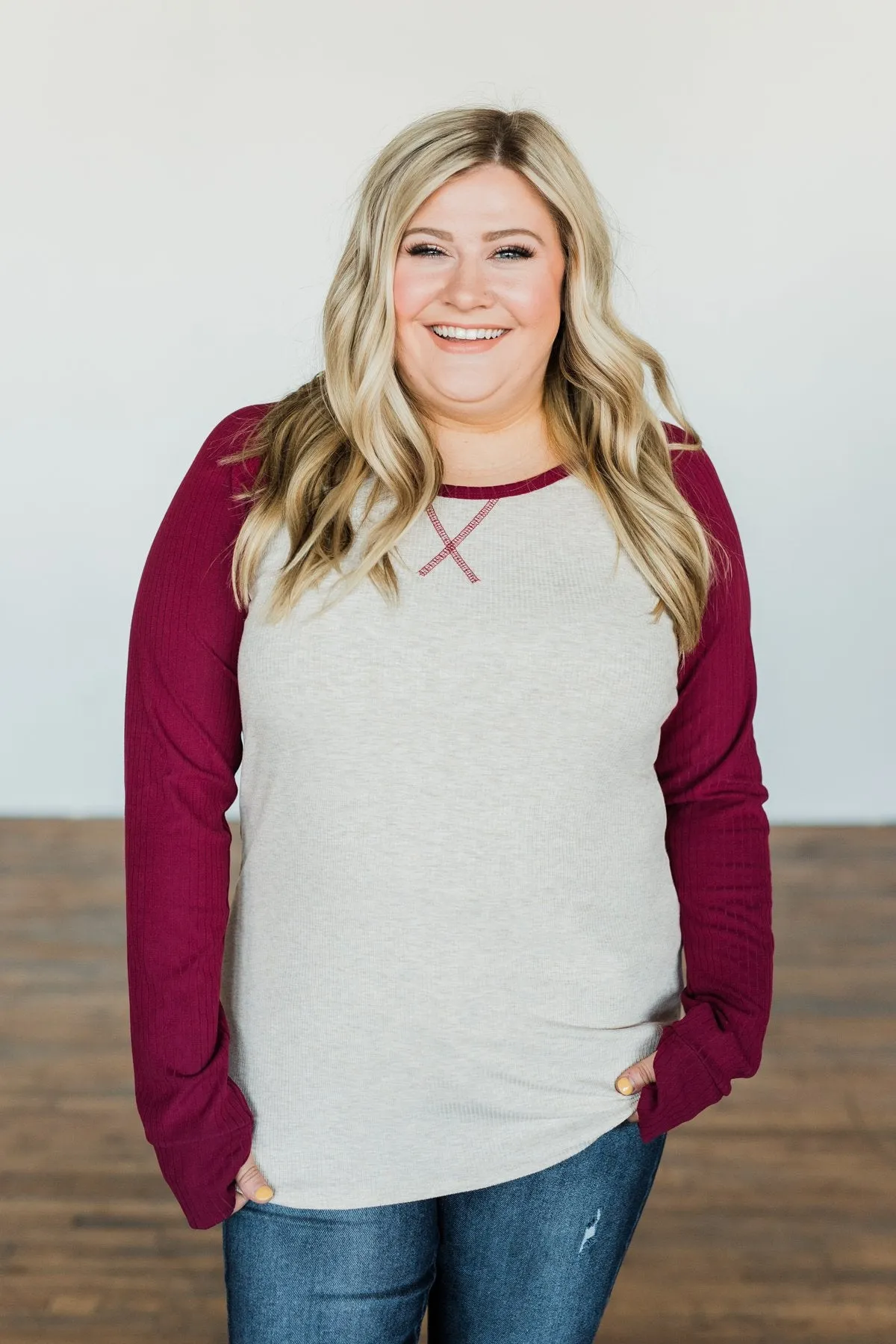 Live Your Life Long Sleeve Raglan Top- Oatmeal & Burgundy