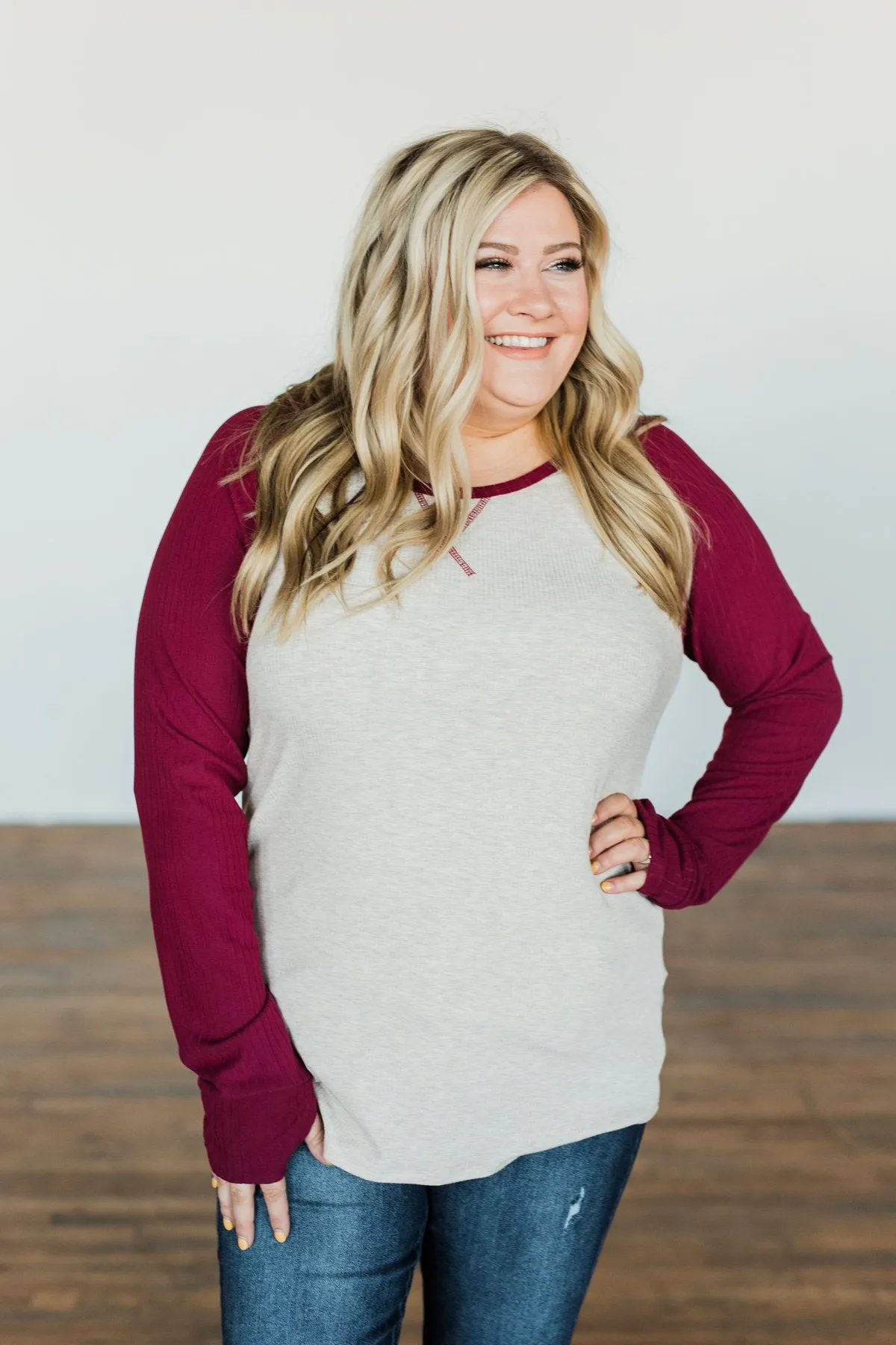 Live Your Life Long Sleeve Raglan Top- Oatmeal & Burgundy