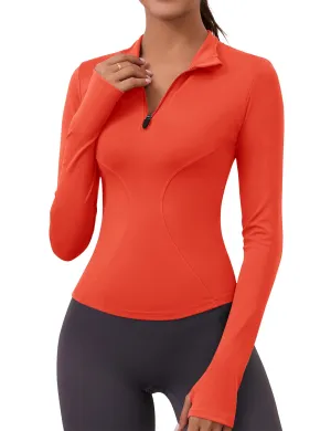 Long Sleeve Tops for Women Running Golf Athletic Shirts Workout Sports Active Crop Top Thumb Hole T-Shirts(Orange)