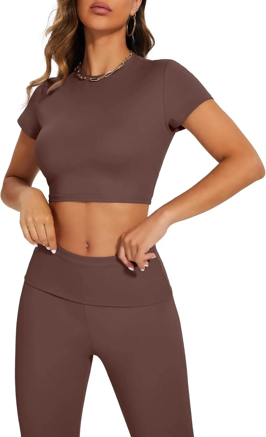 Lounge Sets For Women 2 Piece Casual Y2K Outfits Short Sleeve Cropped Tops Fold Over Flare Leggings Yoga Pants Tracksuits