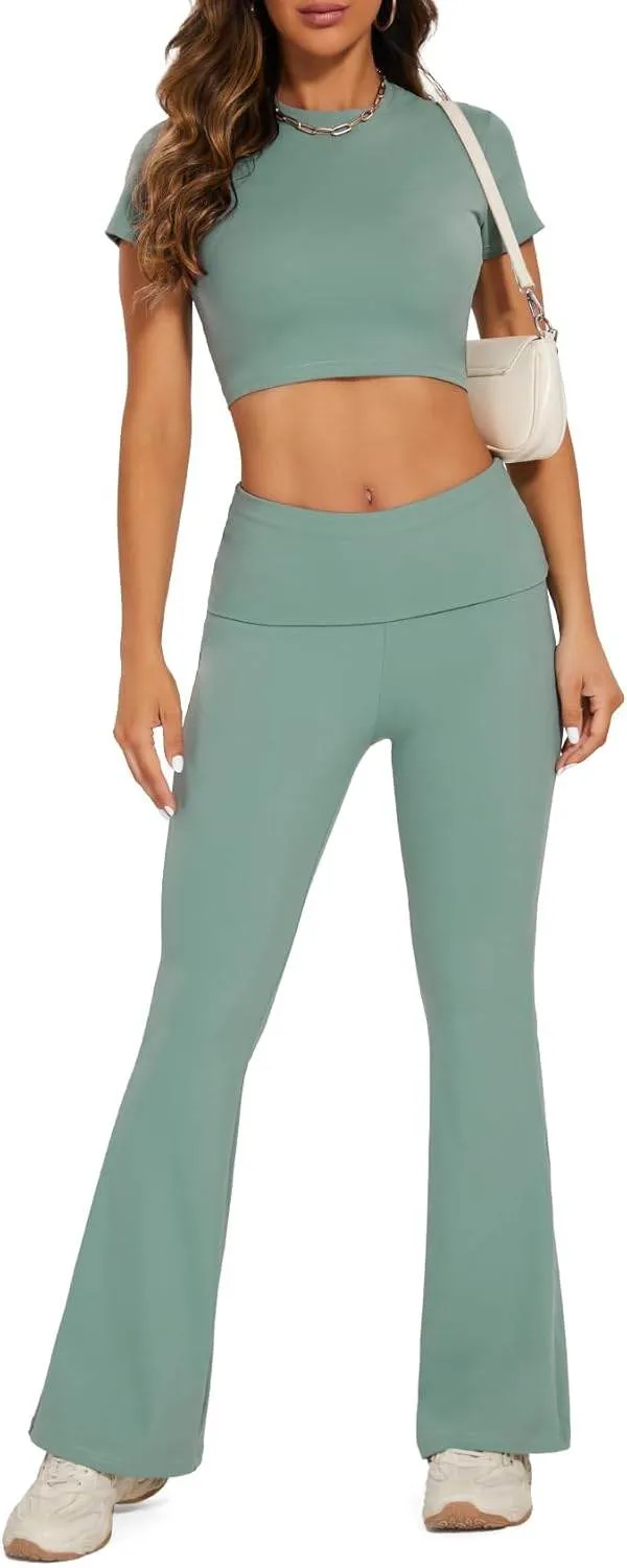 Lounge Sets For Women 2 Piece Casual Y2K Outfits Short Sleeve Cropped Tops Fold Over Flare Leggings Yoga Pants Tracksuits