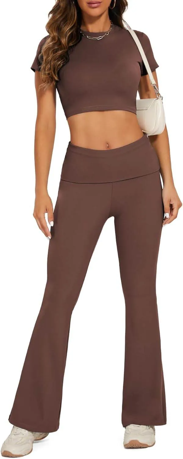 Lounge Sets For Women 2 Piece Casual Y2K Outfits Short Sleeve Cropped Tops Fold Over Flare Leggings Yoga Pants Tracksuits