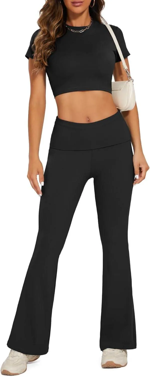 Lounge Sets For Women 2 Piece Casual Y2K Outfits Short Sleeve Cropped Tops Fold Over Flare Leggings Yoga Pants Tracksuits