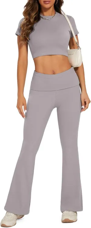 Lounge Sets For Women 2 Piece Casual Y2K Outfits Short Sleeve Cropped Tops Fold Over Flare Leggings Yoga Pants Tracksuits