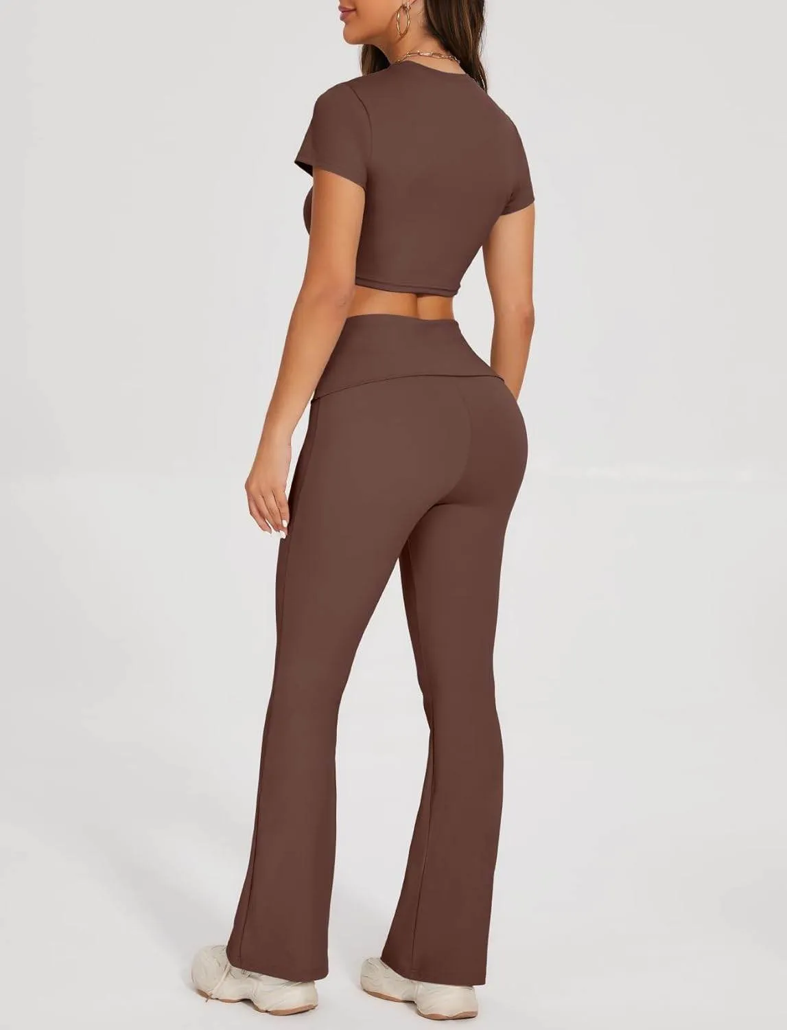 Lounge Sets For Women 2 Piece Casual Y2K Outfits Short Sleeve Cropped Tops Fold Over Flare Leggings Yoga Pants Tracksuits