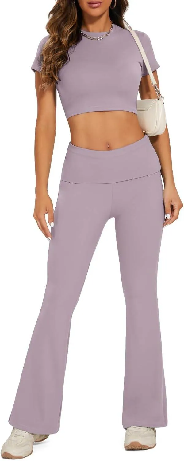 Lounge Sets For Women 2 Piece Casual Y2K Outfits Short Sleeve Cropped Tops Fold Over Flare Leggings Yoga Pants Tracksuits