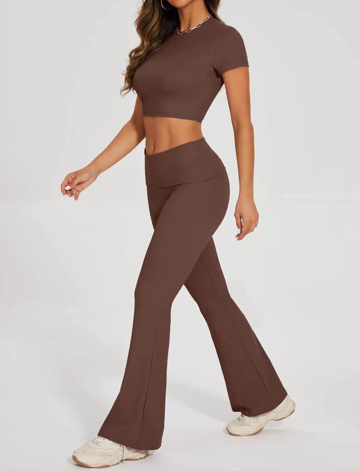 Lounge Sets For Women 2 Piece Casual Y2K Outfits Short Sleeve Cropped Tops Fold Over Flare Leggings Yoga Pants Tracksuits