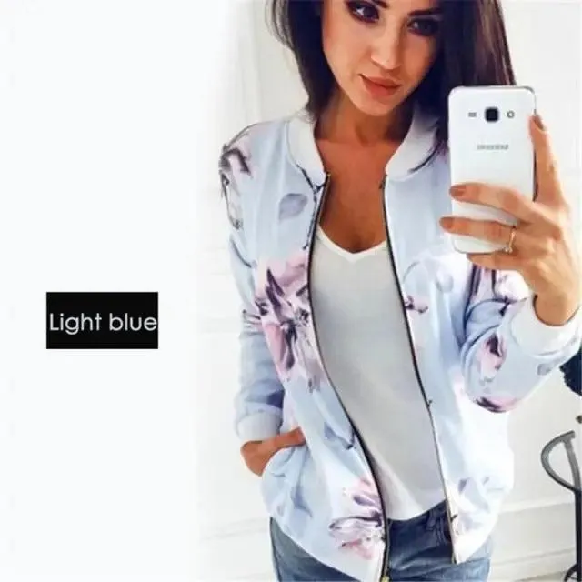 Luxurious Women Floral Jackets Spring Summer Long Sleeve Zipper Print Bomber Jacket Casual Pocket Slim Female Fashion Outwears Plus Size
