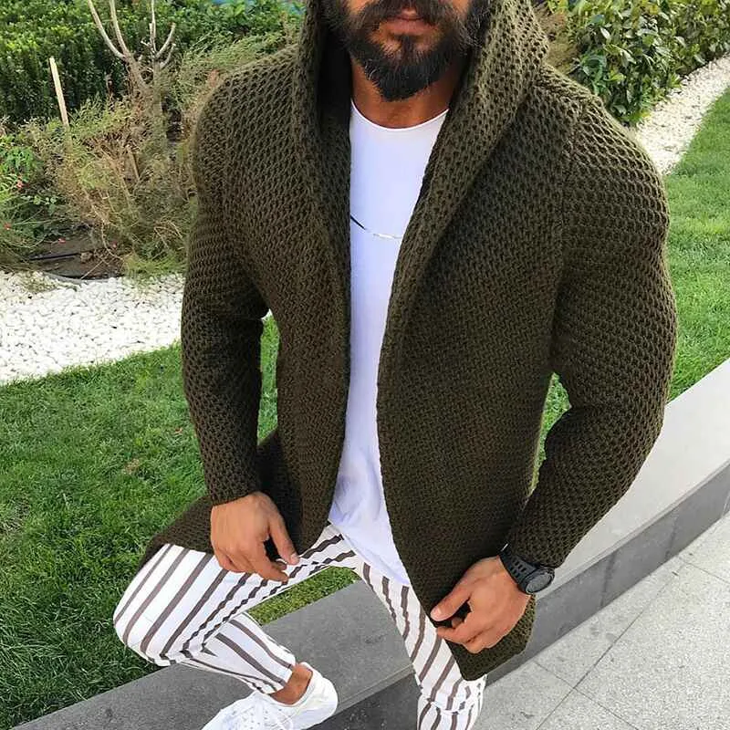Men's Long Open Front Cardigan Sweater Lightweight Hooded Knitted Cardigan Sweaters G043