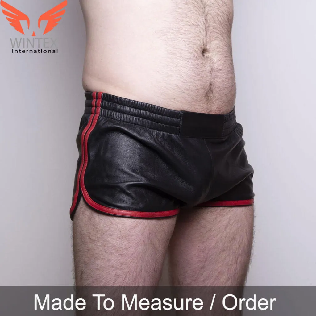 Men’s Real Lamb Leather Gym Shorts Club Shorts In Black Color With Red Stripes