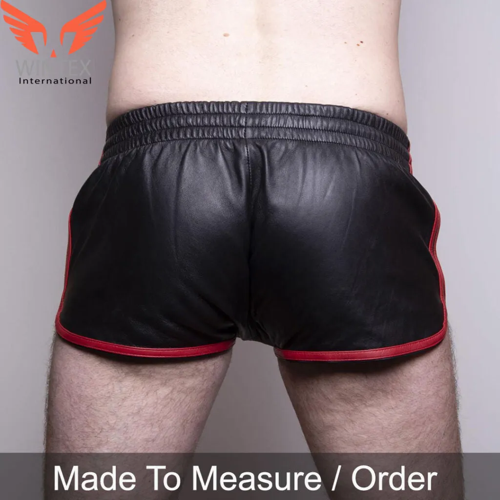 Men’s Real Lamb Leather Gym Shorts Club Shorts In Black Color With Red Stripes