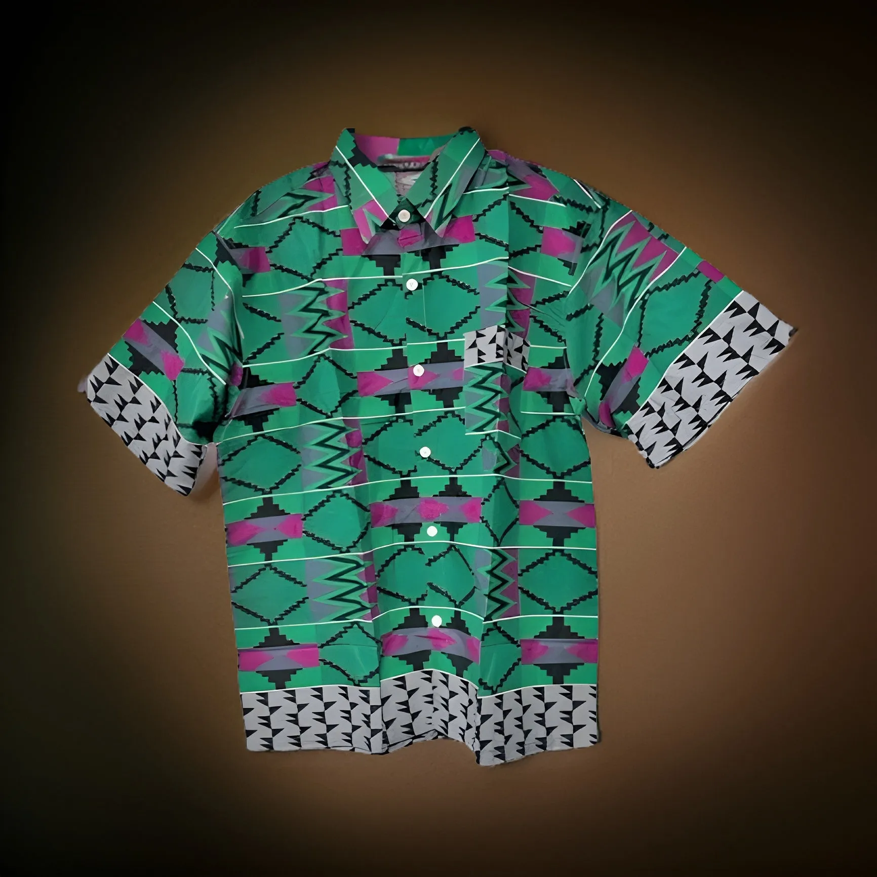 Men's Royal Green/Black/Purple African Print Kente Shirt (Large)