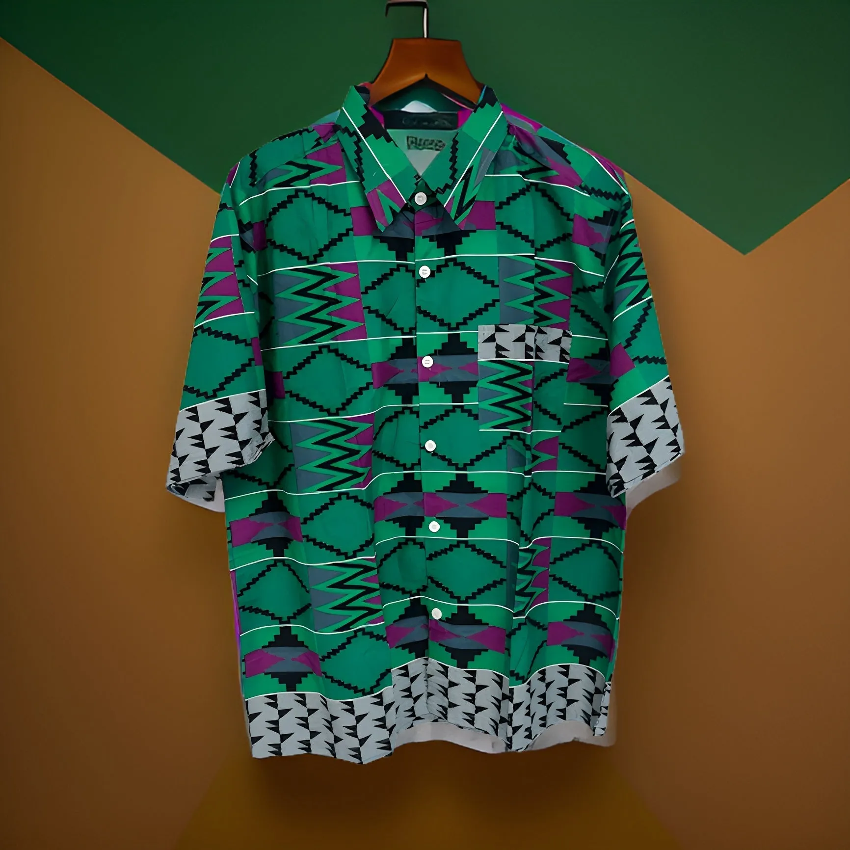 Men's Royal Green/Black/Purple African Print Kente Shirt (Large)