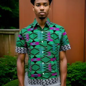 Men's Royal Green/Black/Purple African Print Kente Shirt (Large)