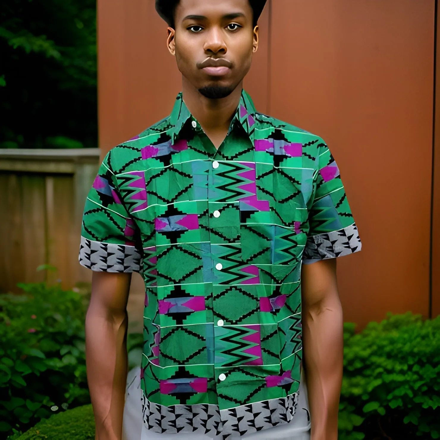 Men's Royal Green/Black/Purple African Print Kente Shirt (Large)
