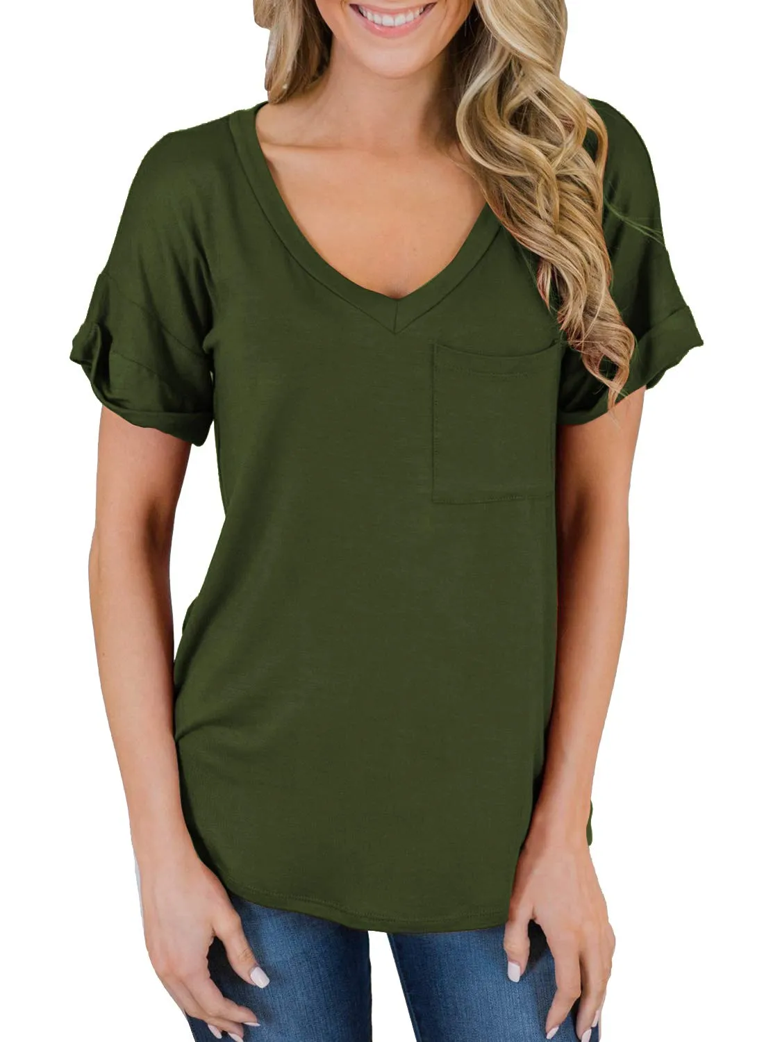 MIHOLL Women's Short Sleeve V-Neck Shirts Loose Casual Tee T-Shirt 2024 Trendy