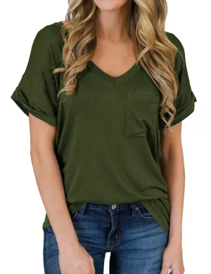 MIHOLL Women's Short Sleeve V-Neck Shirts Loose Casual Tee T-Shirt 2024 Trendy