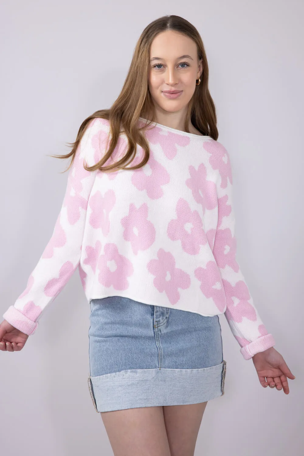 Miracle Floral Lightweight Sweater for Women in Ivory/Pink | W8025-IVORYPINK