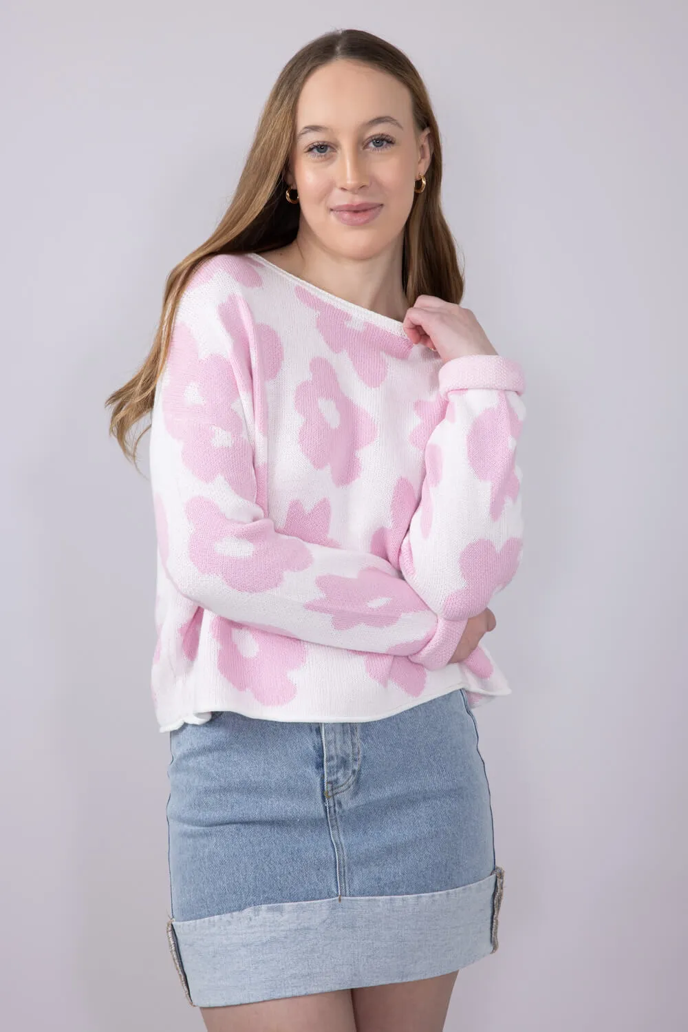 Miracle Floral Lightweight Sweater for Women in Ivory/Pink | W8025-IVORYPINK