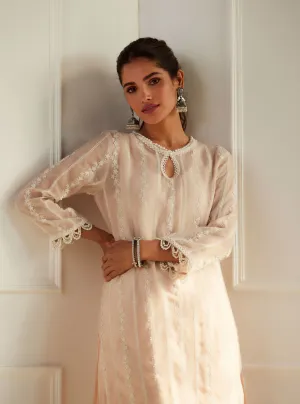 Mulmul Organza Zella Beige Kurta With Cotton Zella Beige Pant