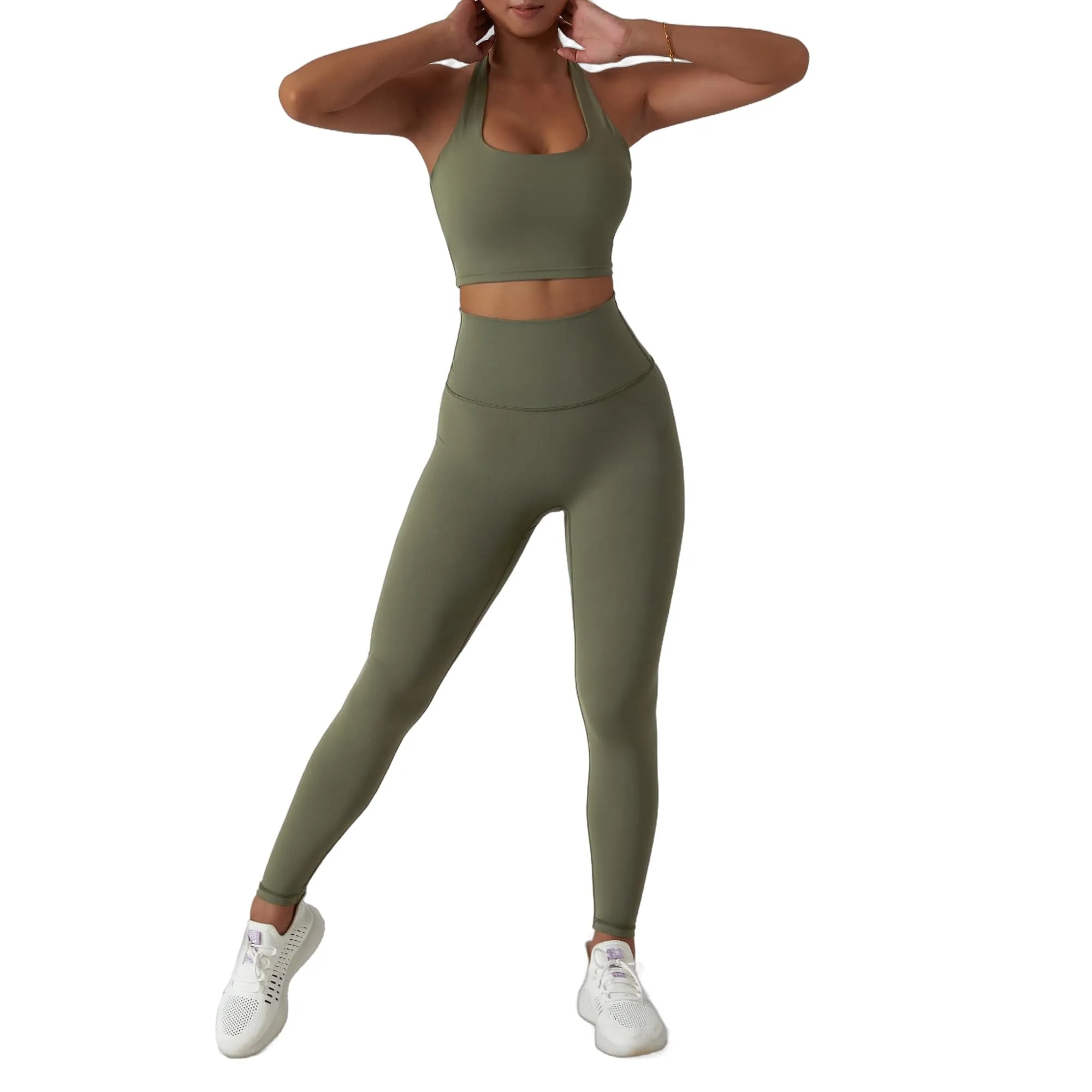 MUMANAIXI 3-Piece Seamless Moisture-Wicking Workout Set for Women - Gym, Fitness, Running, Yoga Sportswear (Green 2pcs)