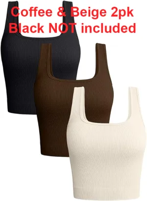 NEW OQQ Women's 2 Pack Tank Tops Ribbed Seamless Workout Exercise Shirts Yoga Crop Tops, Coffee & Beige, Sz L! Tons of stretch