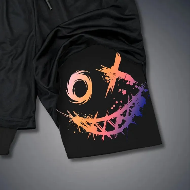NEW Siirigo Evil Emoji Two Graphic Print Men's Gym Performance Shorts, Sz S (Fits up to 32 inch waist), Retails $54
