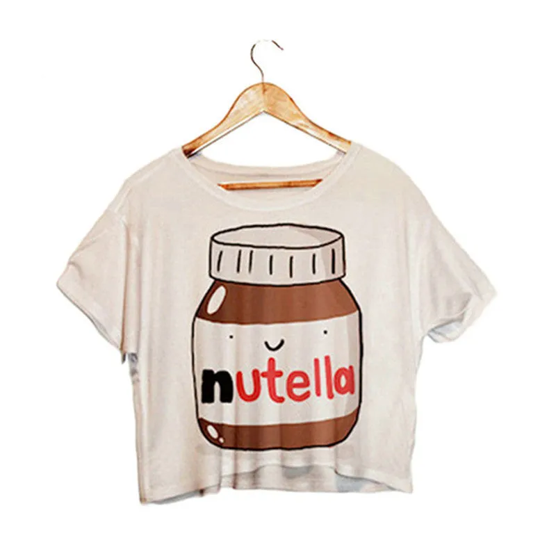 Nutella Print White Crop Tops Summer Short Sleeve T shirts Harajuku Fitness Women Fashion Kawaii T-shirt F1003
