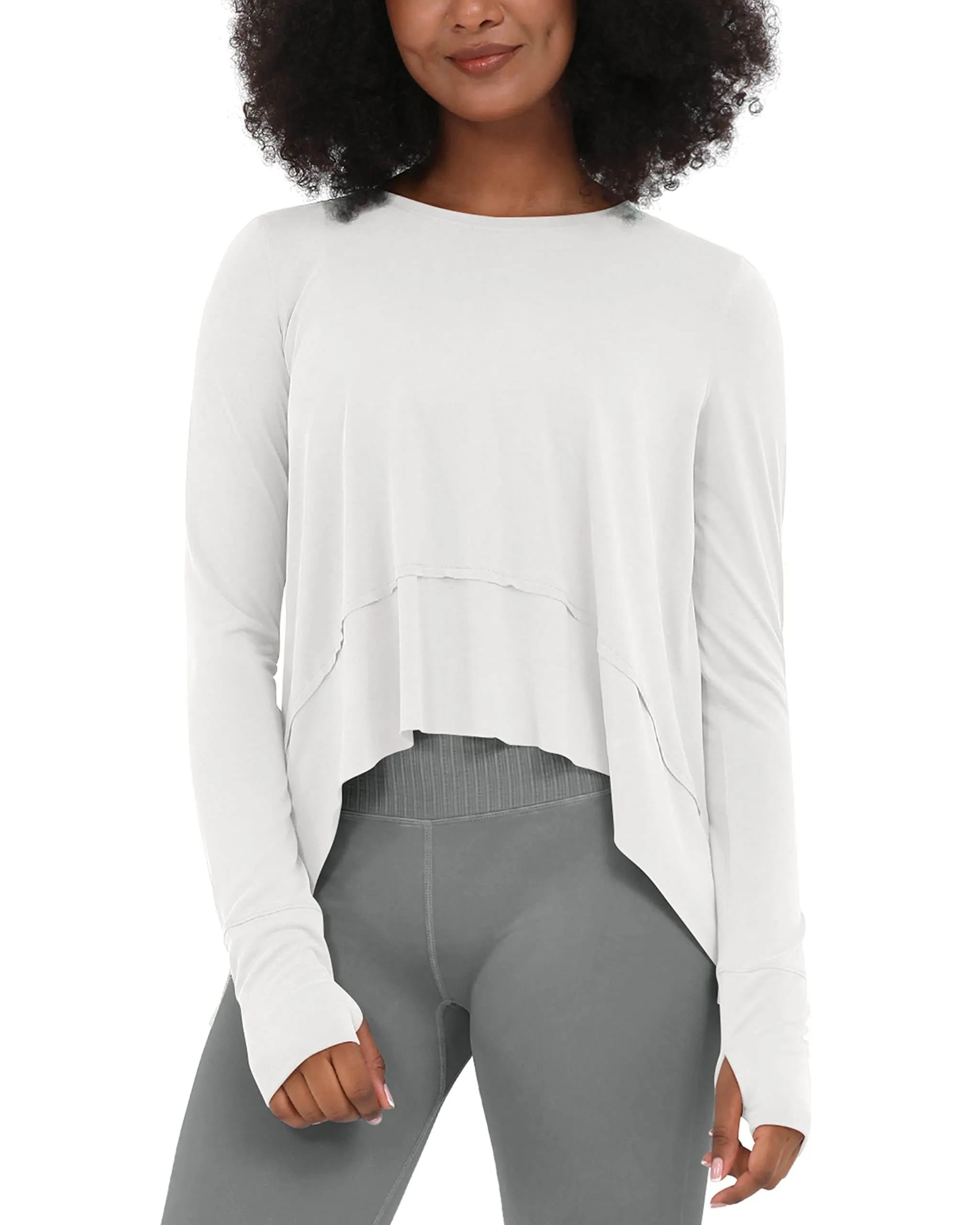 ODODOS Long Sleeve Tee for Women with Thumb Hole Athletic Gym Workout Crop Tops Yoga Shirts, White, Large