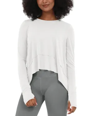 ODODOS Long Sleeve Tee for Women with Thumb Hole Athletic Gym Workout Crop Tops Yoga Shirts, White, Large