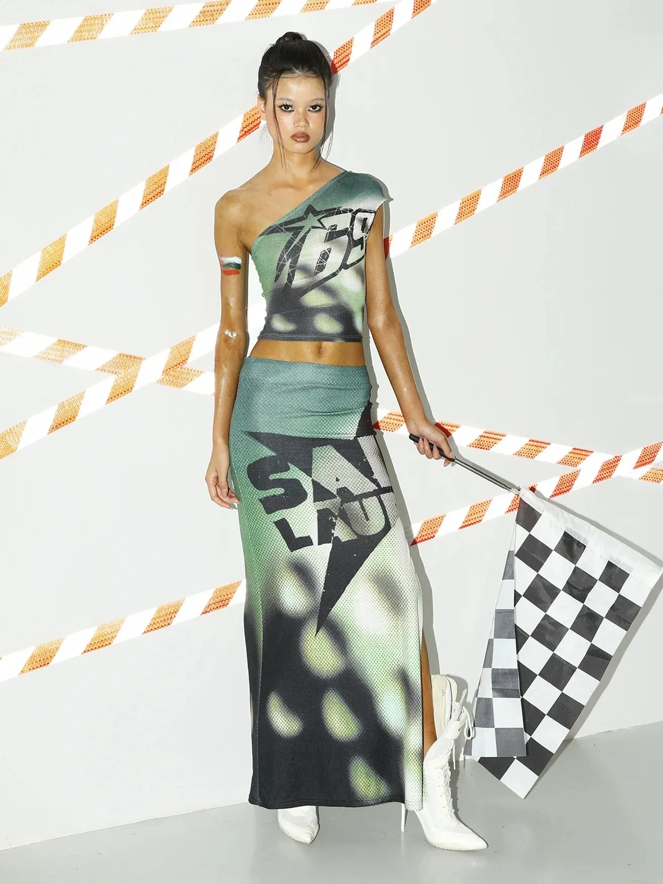 One-Shoulder Graphic Skirt Set