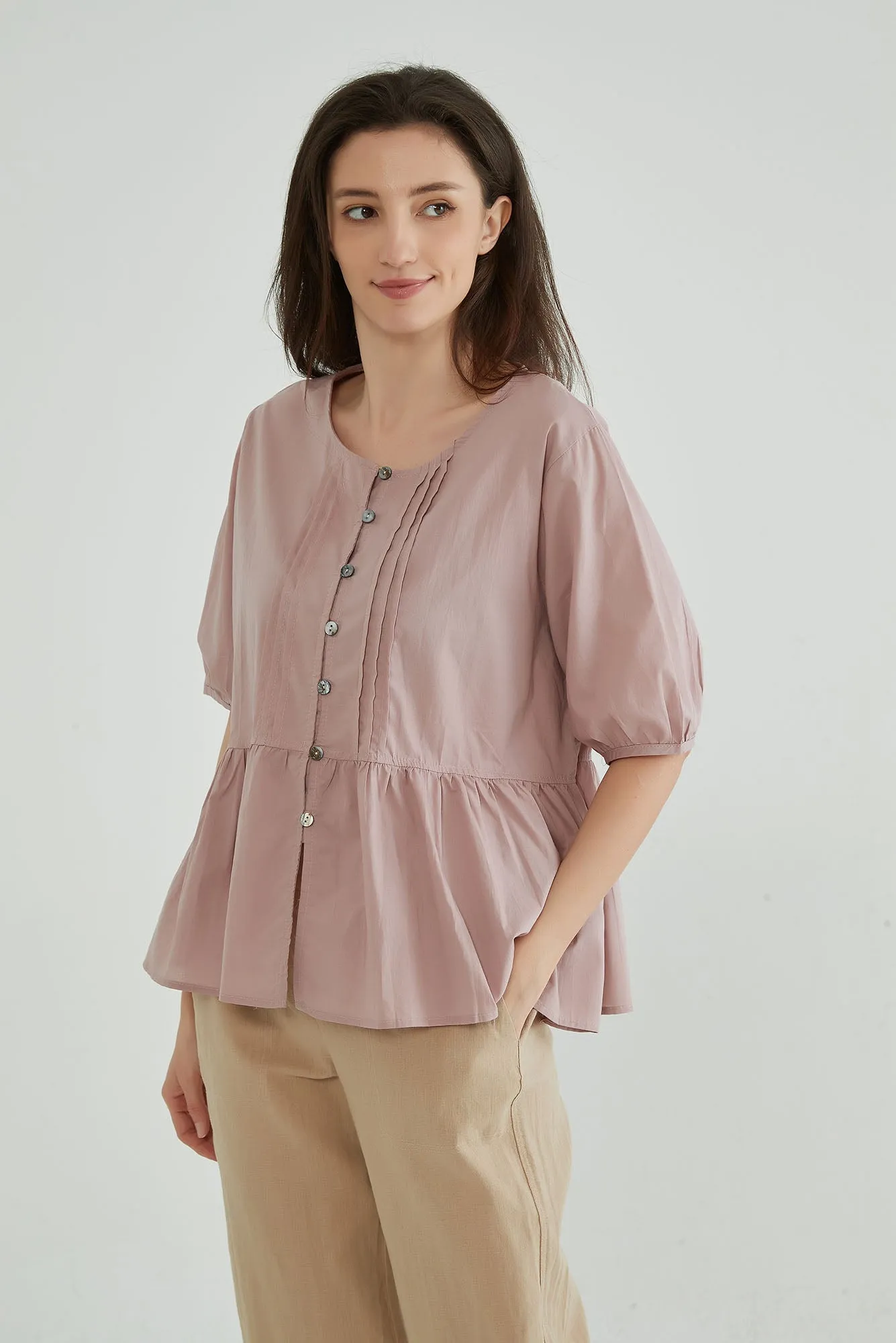 Pink Cotton Linen Crinkle Top